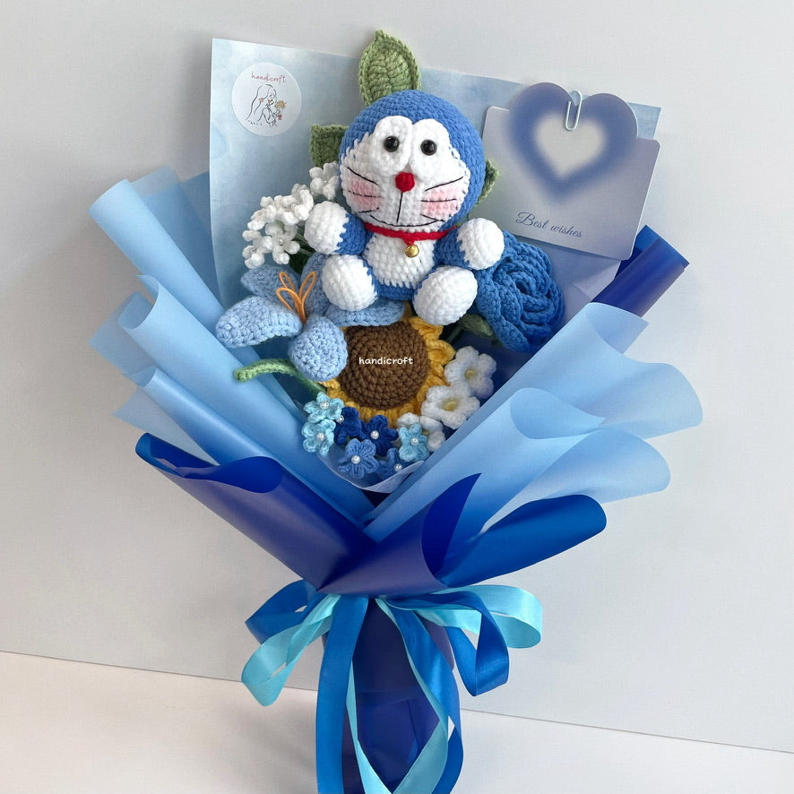 handicroft handmade crochet flower bouquet doraemon’s pocket of blooms blue