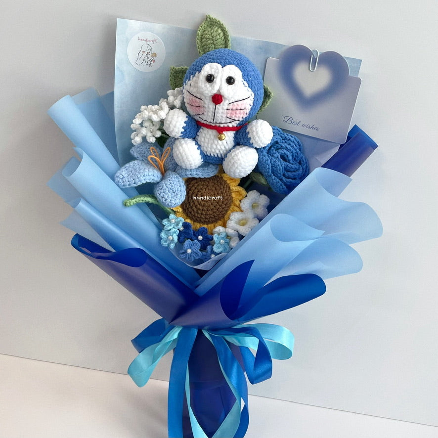 handicroft handmade crochet flower bouquet doraemon’s pocket of blooms blue