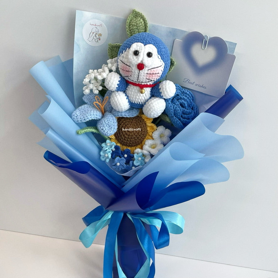handicroft handmade crochet flower bouquet doraemon’s pocket of blooms blue