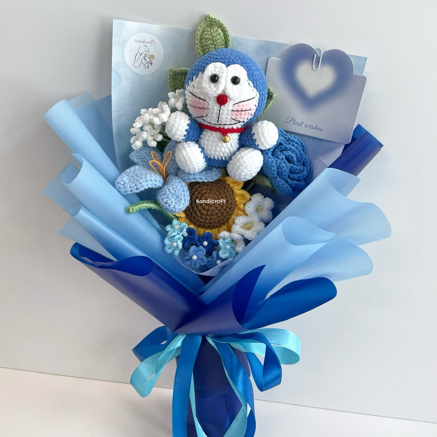 handicroft handmade crochet flower bouquet doraemon’s pocket of blooms blue