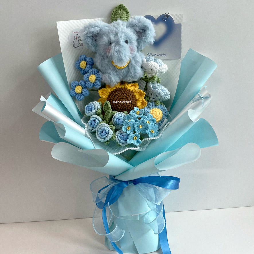 handicroft handmade crochet fluffy elephant pastel flower bouquet trunkful of love blue