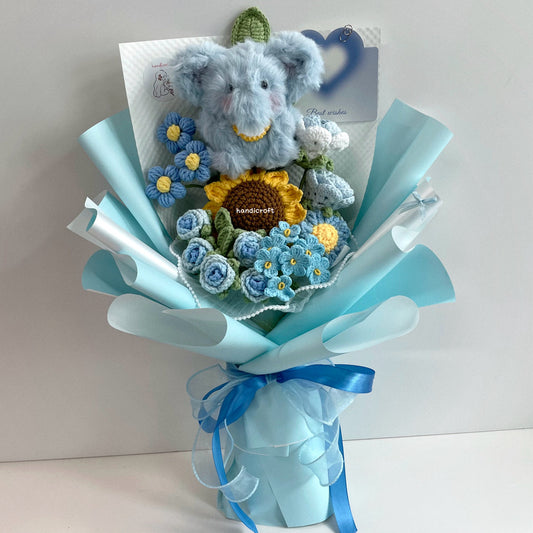 handicroft handmade crochet fluffy elephant pastel flower bouquet trunkful of love blue