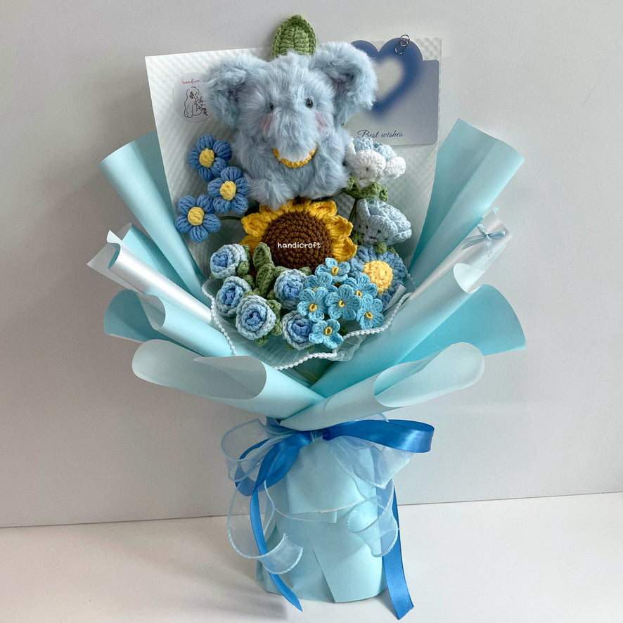 handicroft handmade crochet fluffy elephant pastel flower bouquet trunkful of love blue