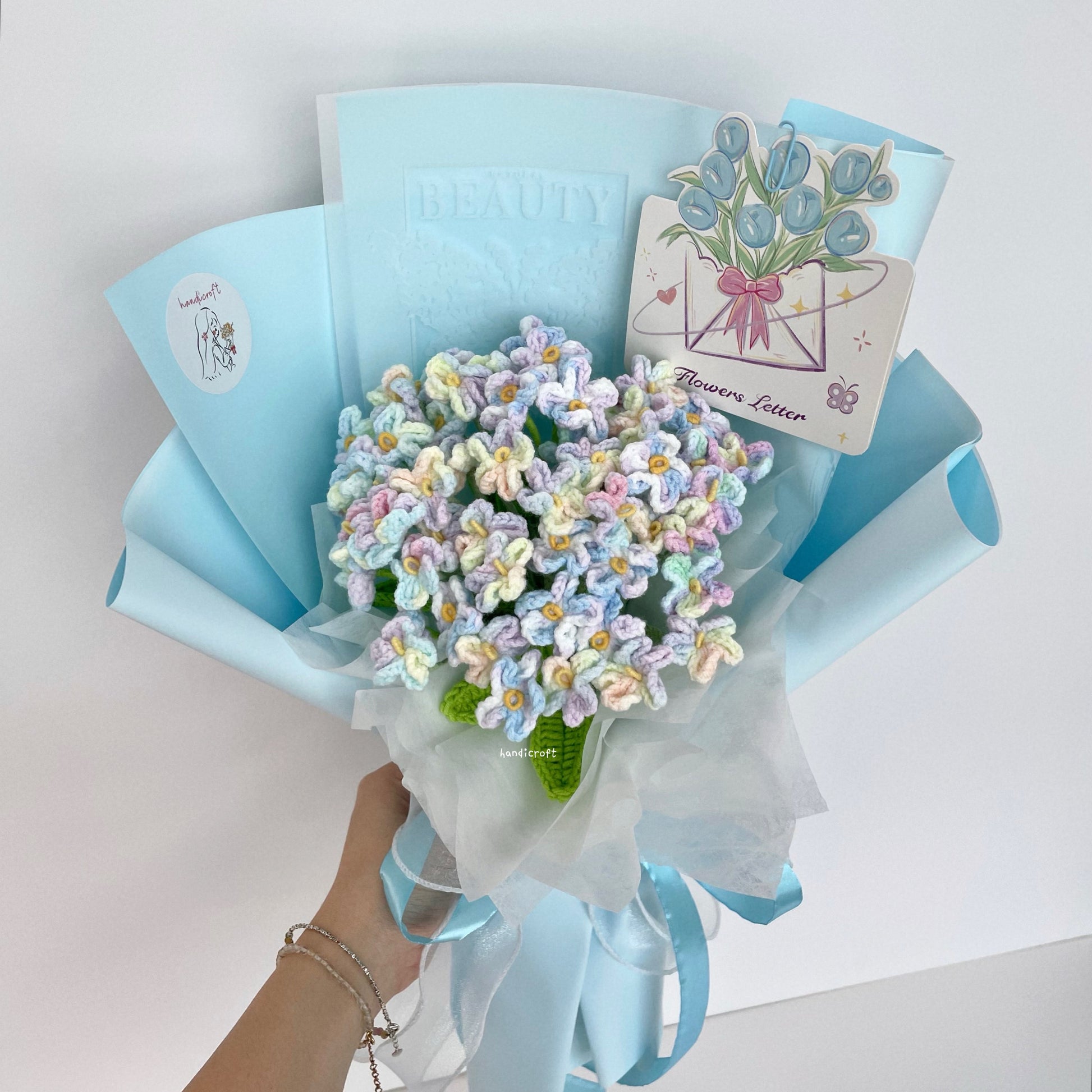handicroft handmade crochet forget-me-not flower bouquet our little forever blue