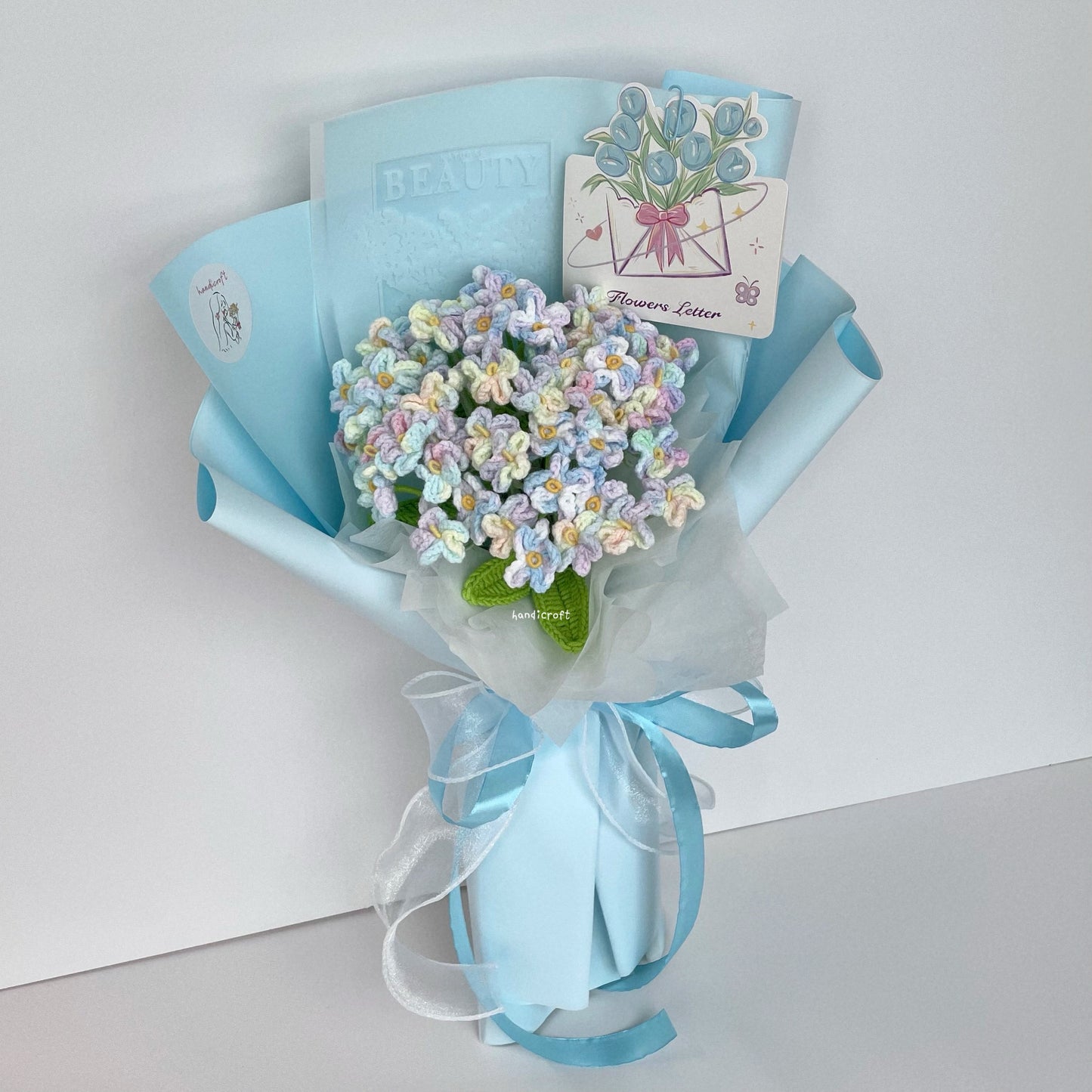 handicroft handmade crochet forget-me-not flower bouquet our little forever blue