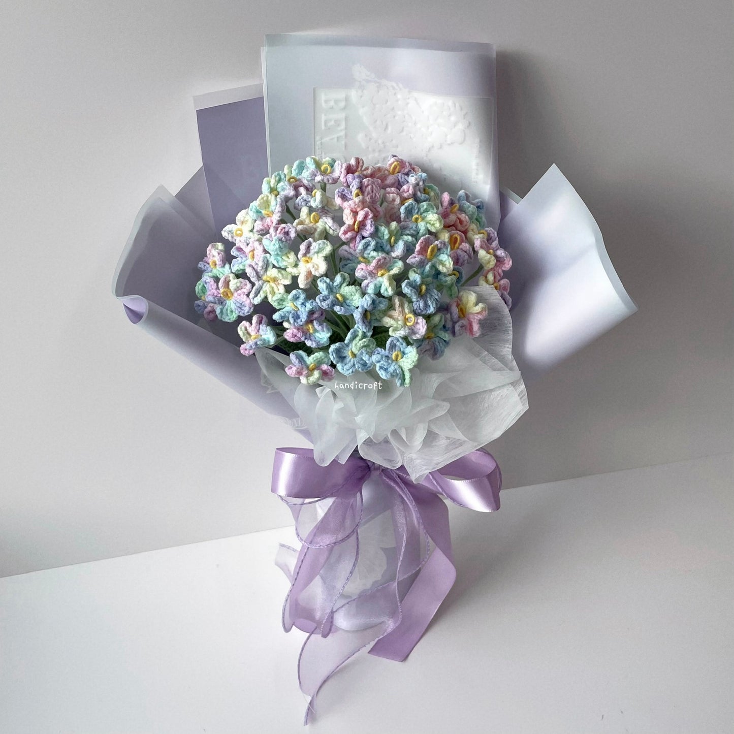 handicroft handmade crochet forget-me-not flower bouquet our little forever purple