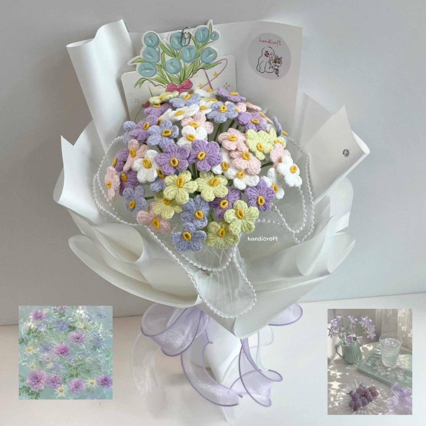 handicroft handmade crochet forget-me-not flower bouquet somewhere in forever
