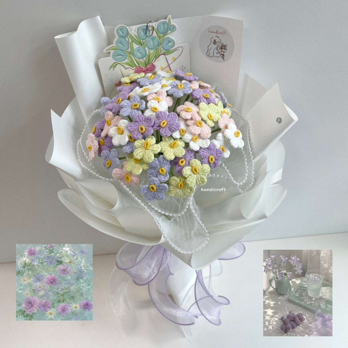 handicroft handmade crochet forget-me-not flower bouquet somewhere in forever