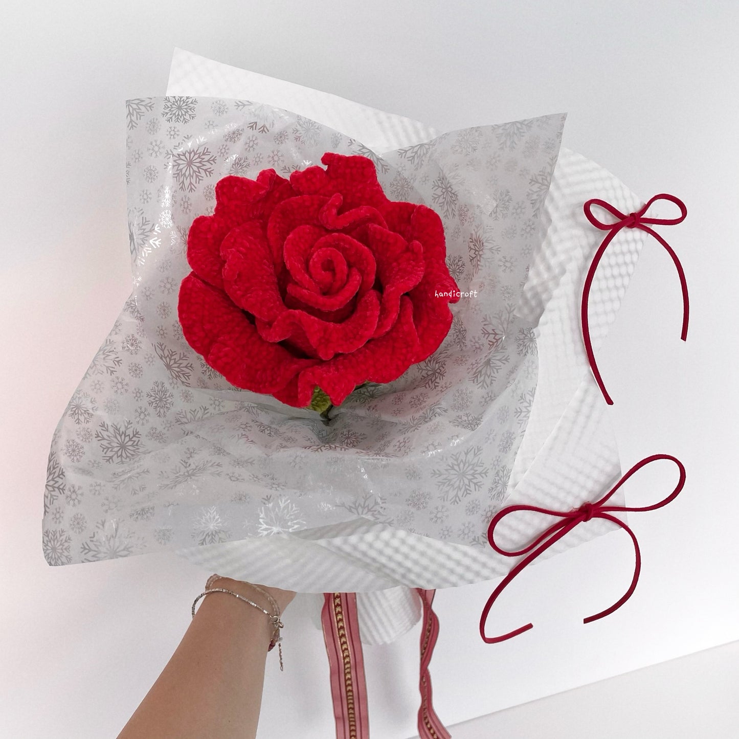 handicroft handmade crochet giant jumbo velvet red thai rose flower stalk bloomie 2 colours