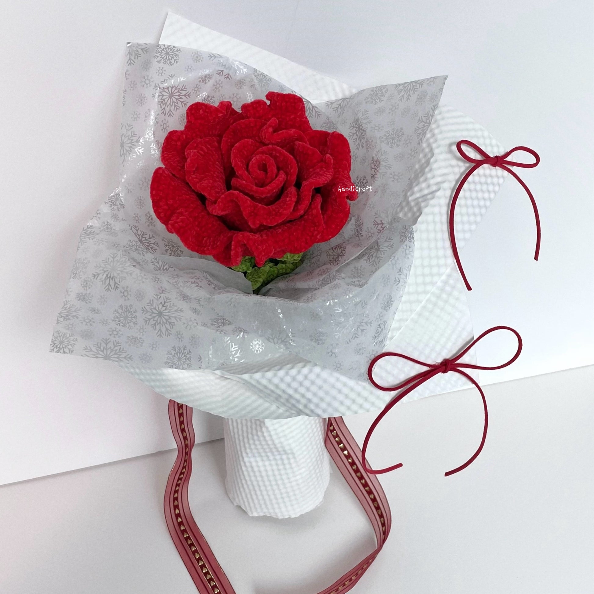 handicroft handmade crochet giant jumbo velvet red thai rose flower stalk bloomie 2 colours