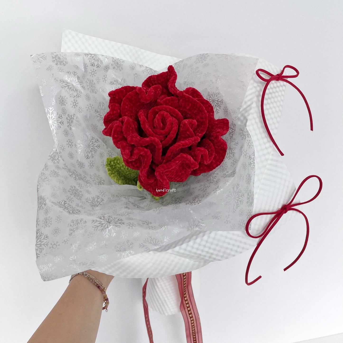 handicroft handmade crochet giant jumbo velvet red thai rose flower stalk bloomie 2 colours