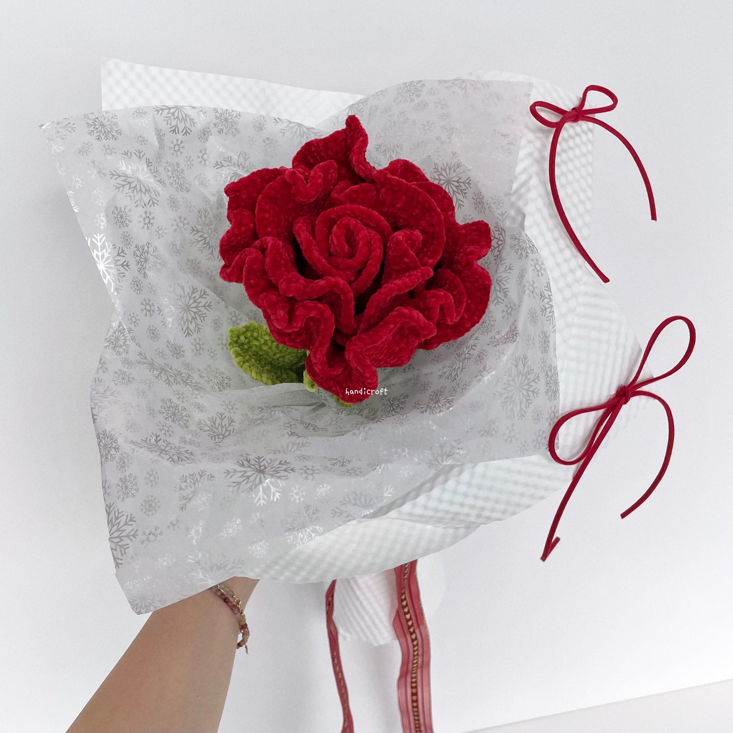handicroft handmade crochet giant jumbo velvet red thai rose flower stalk bloomie 2 colours
