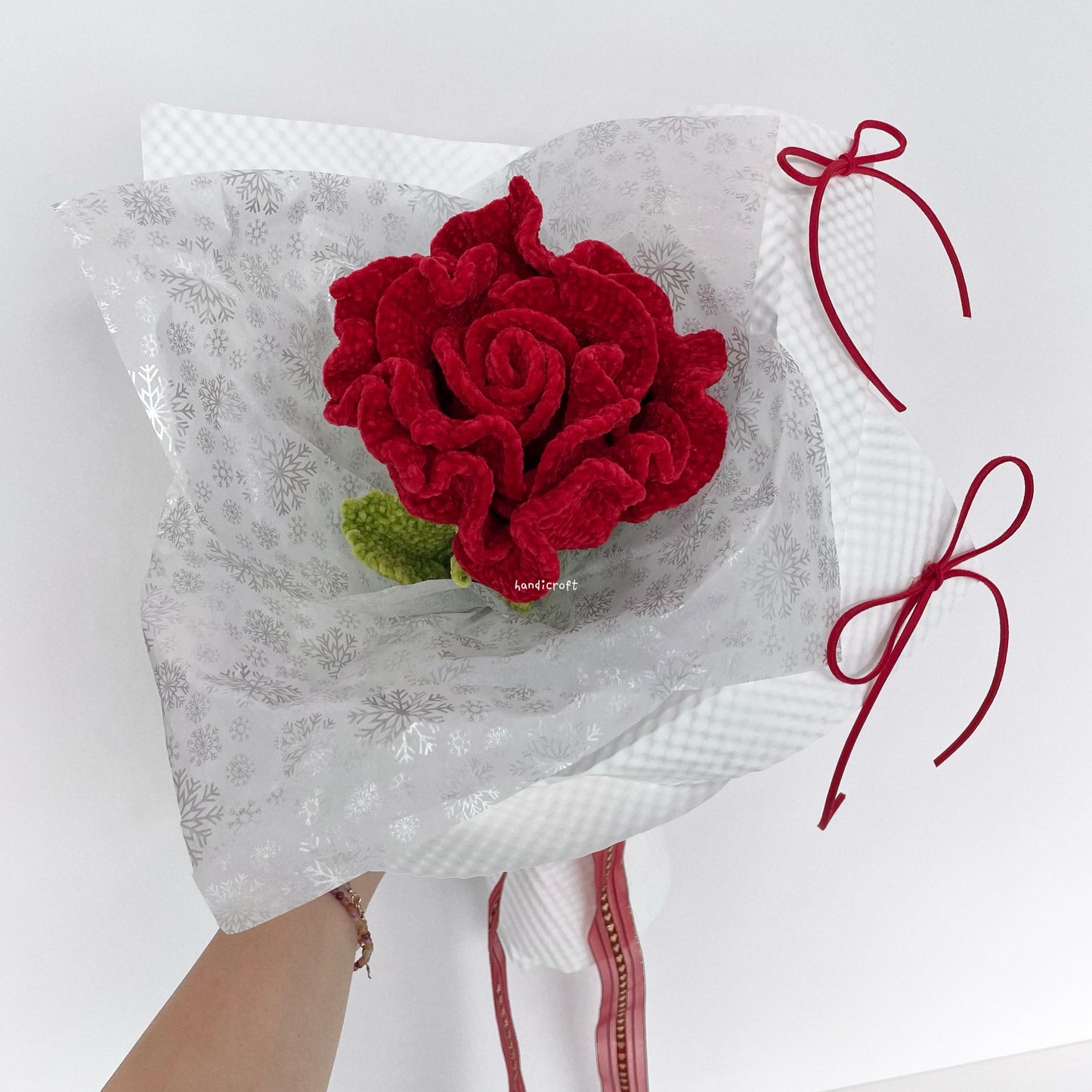 handicroft handmade crochet giant jumbo velvet red thai rose flower stalk bloomie 2 colours