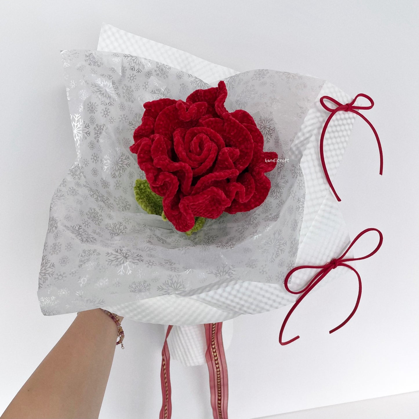 handicroft handmade crochet giant jumbo velvet red thai rose flower stalk bloomie 2 colours