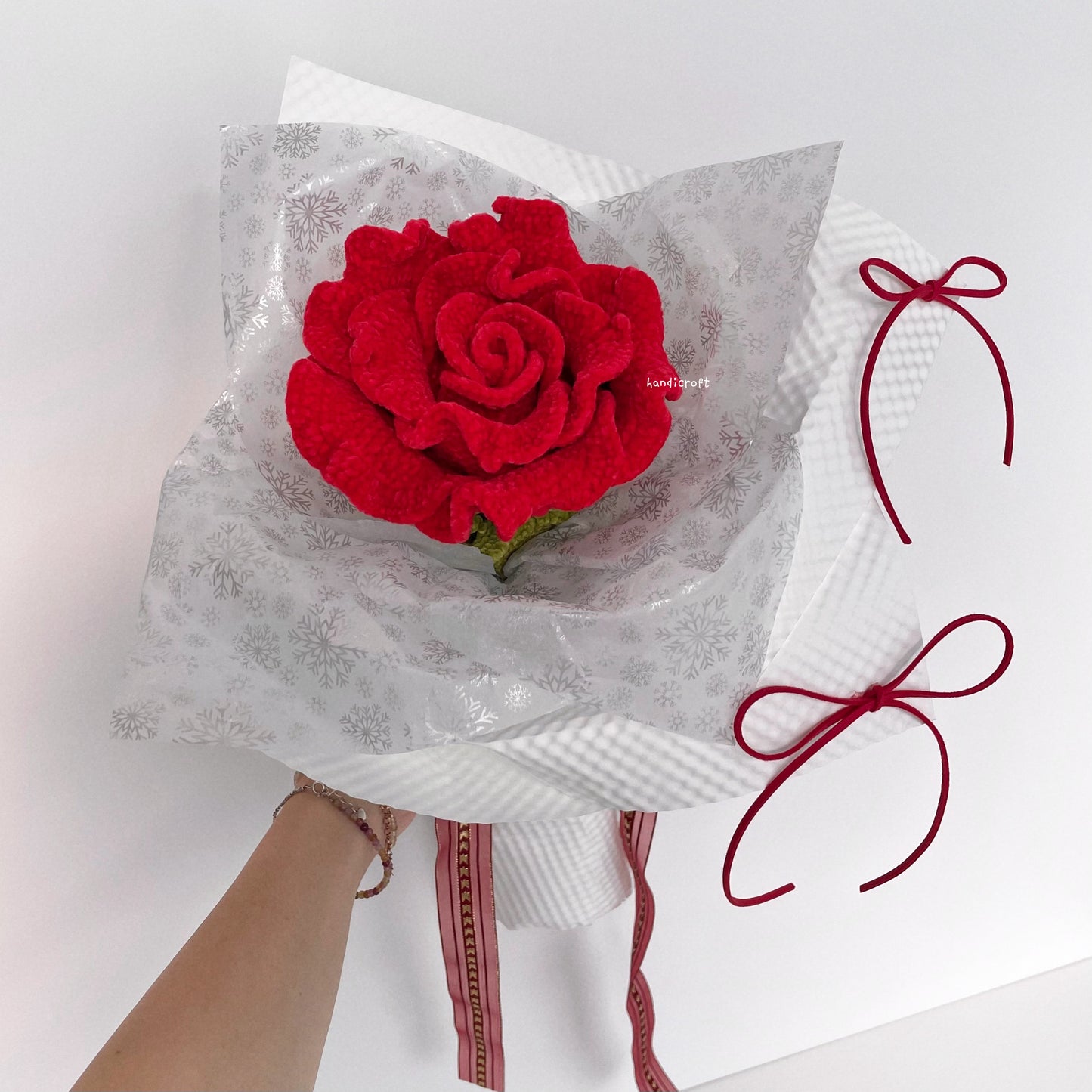 handicroft handmade crochet giant jumbo velvet red thai rose flower stalk bloomie 2 colours