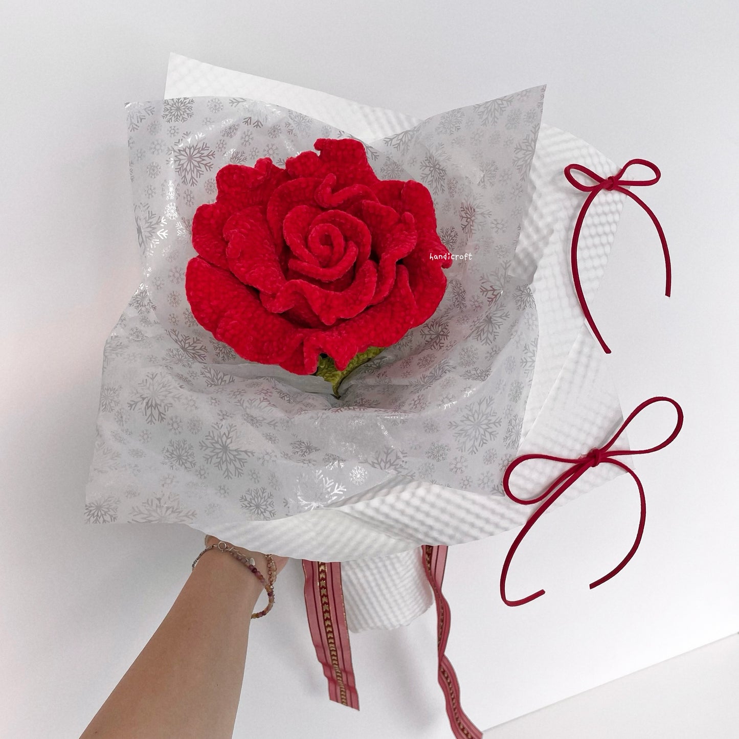 handicroft handmade crochet giant jumbo velvet red thai rose flower stalk bloomie 2 colours