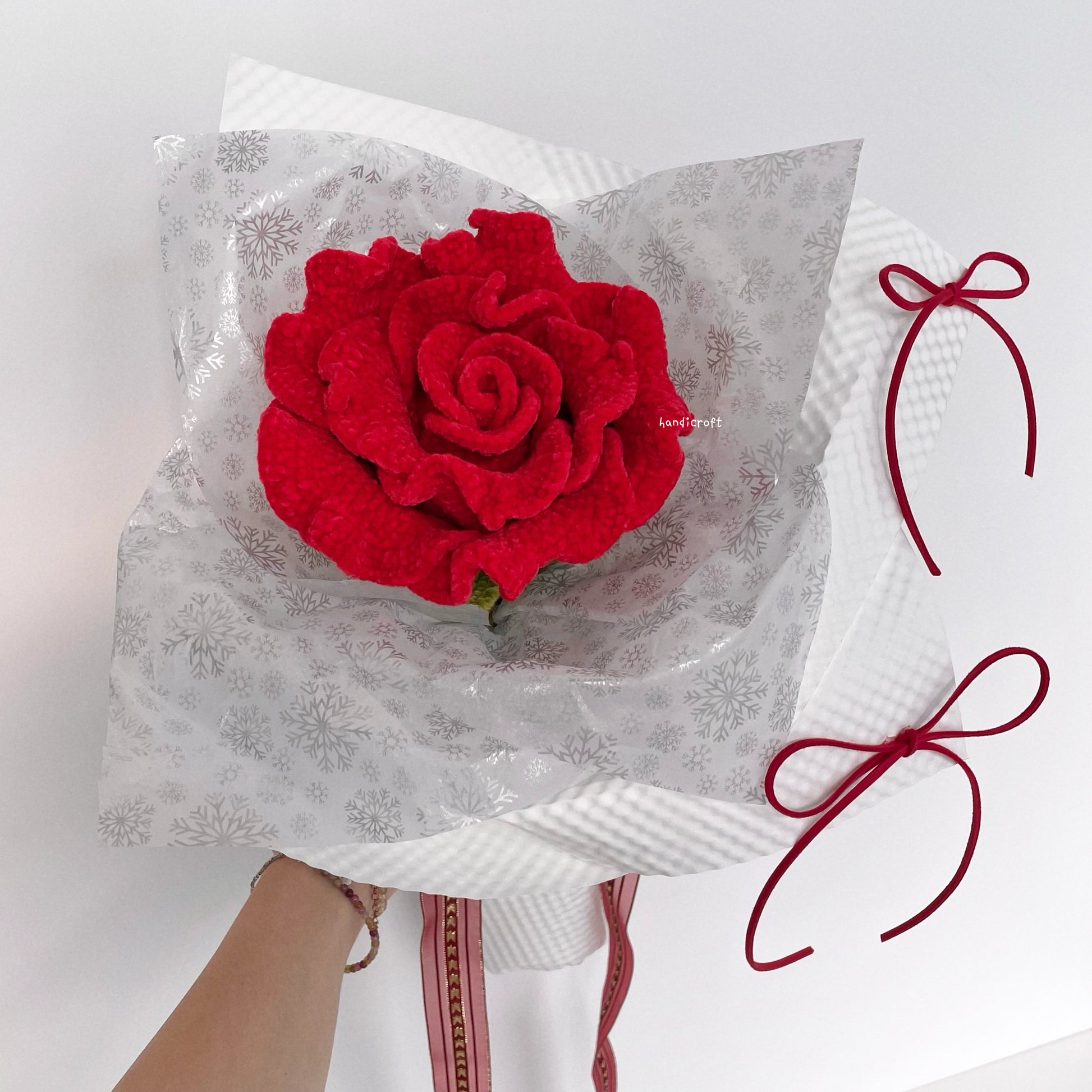 handicroft handmade crochet giant jumbo velvet red thai rose flower stalk bloomie 2 colours