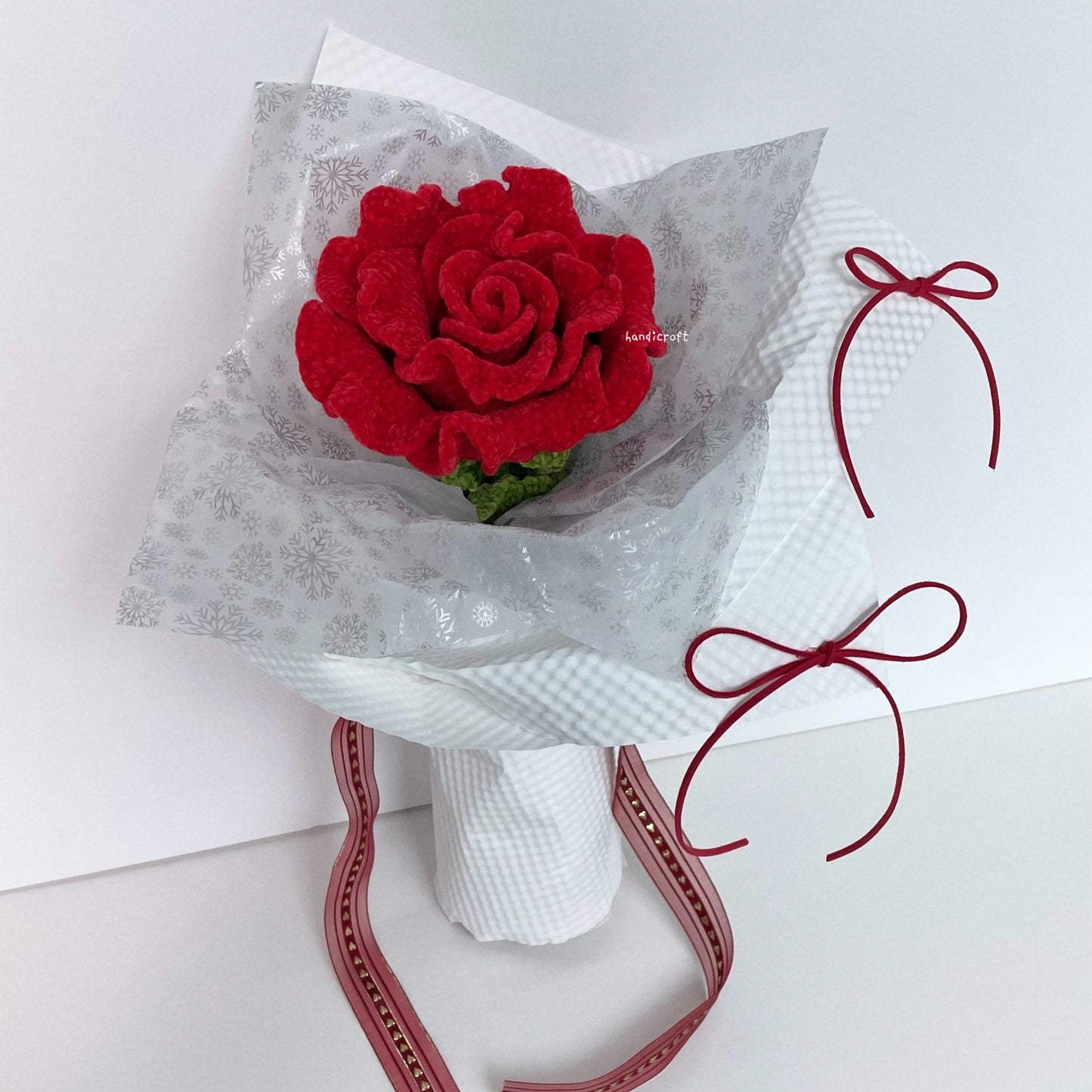 handicroft handmade crochet giant jumbo velvet red thai rose flower stalk bloomie 2 colours