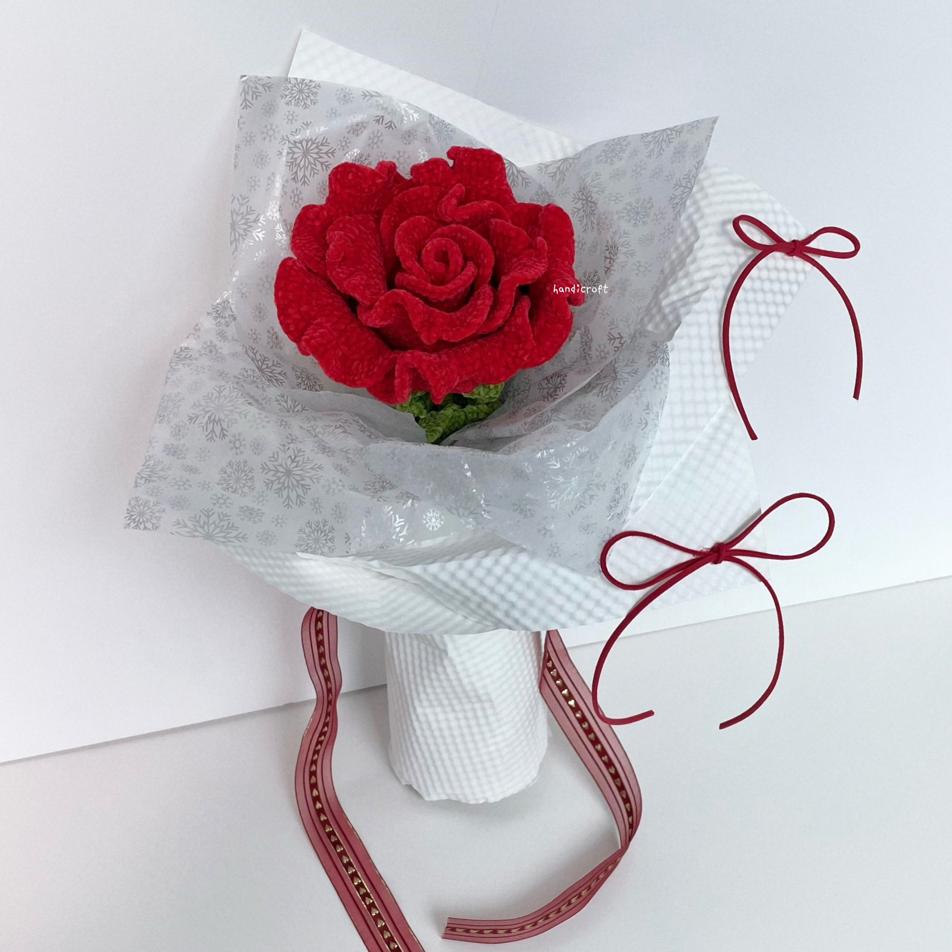 handicroft handmade crochet giant jumbo velvet red thai rose flower stalk bloomie 2 colours