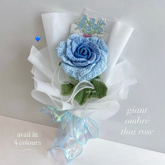 handicroft handmade crochet giant ombre thai rose flower bouquet ombre blue