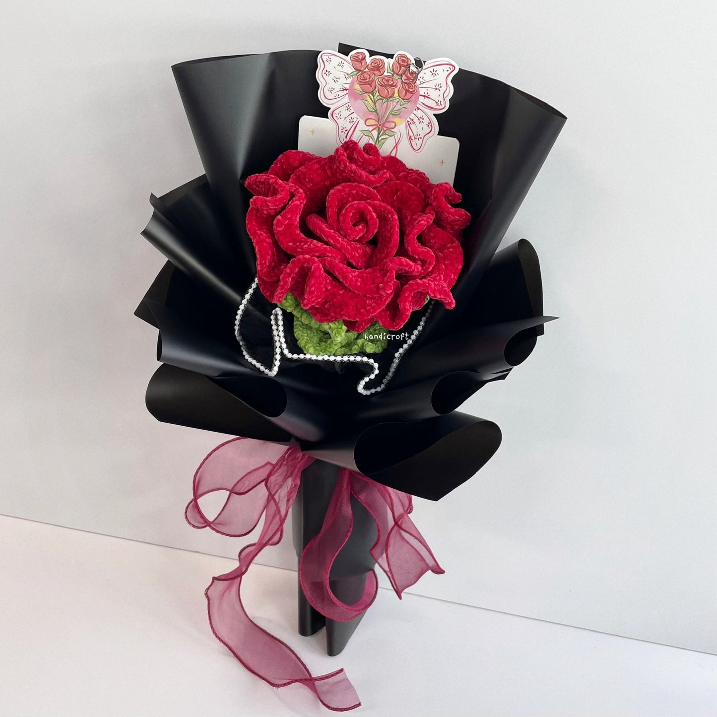 handicroft handmade crochet giant velvet thai rose flower bouquet wine red