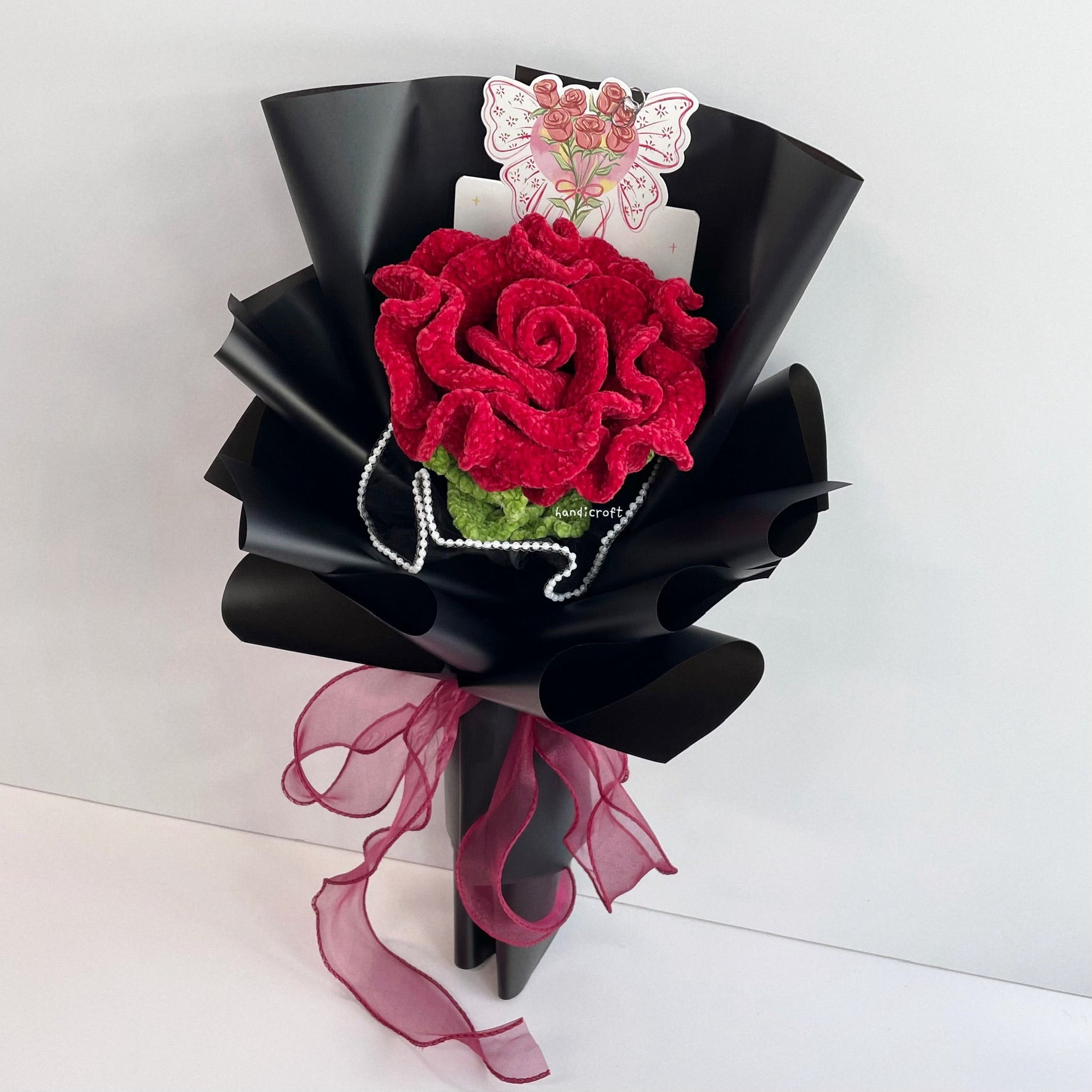 handicroft handmade crochet giant velvet thai rose flower bouquet wine red