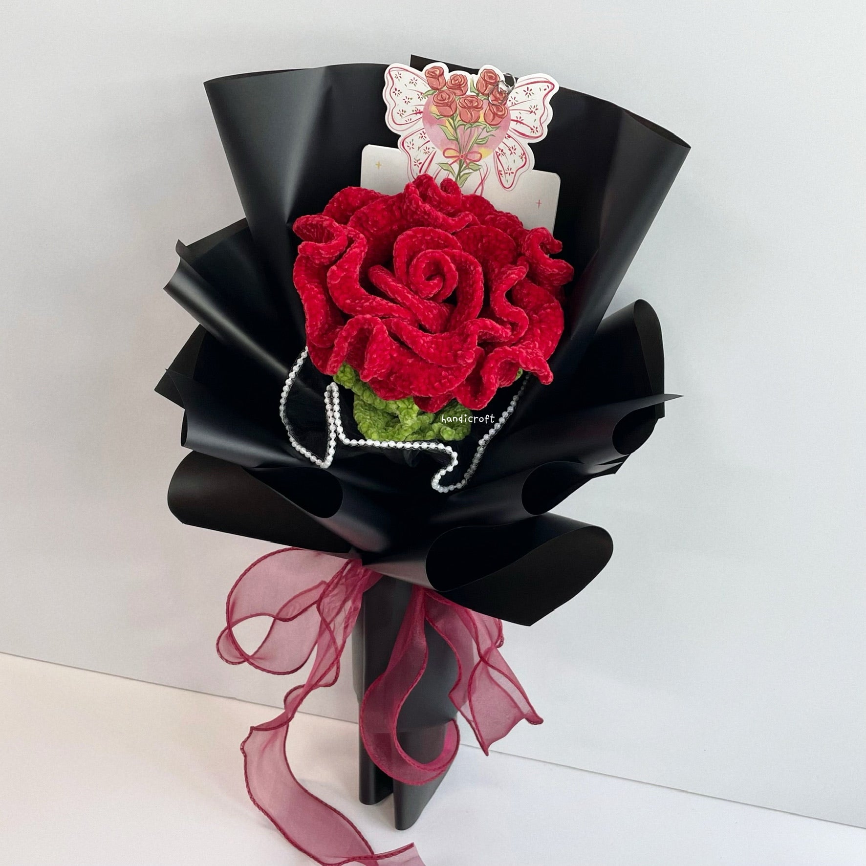 handicroft handmade crochet giant velvet thai rose flower bouquet wine red