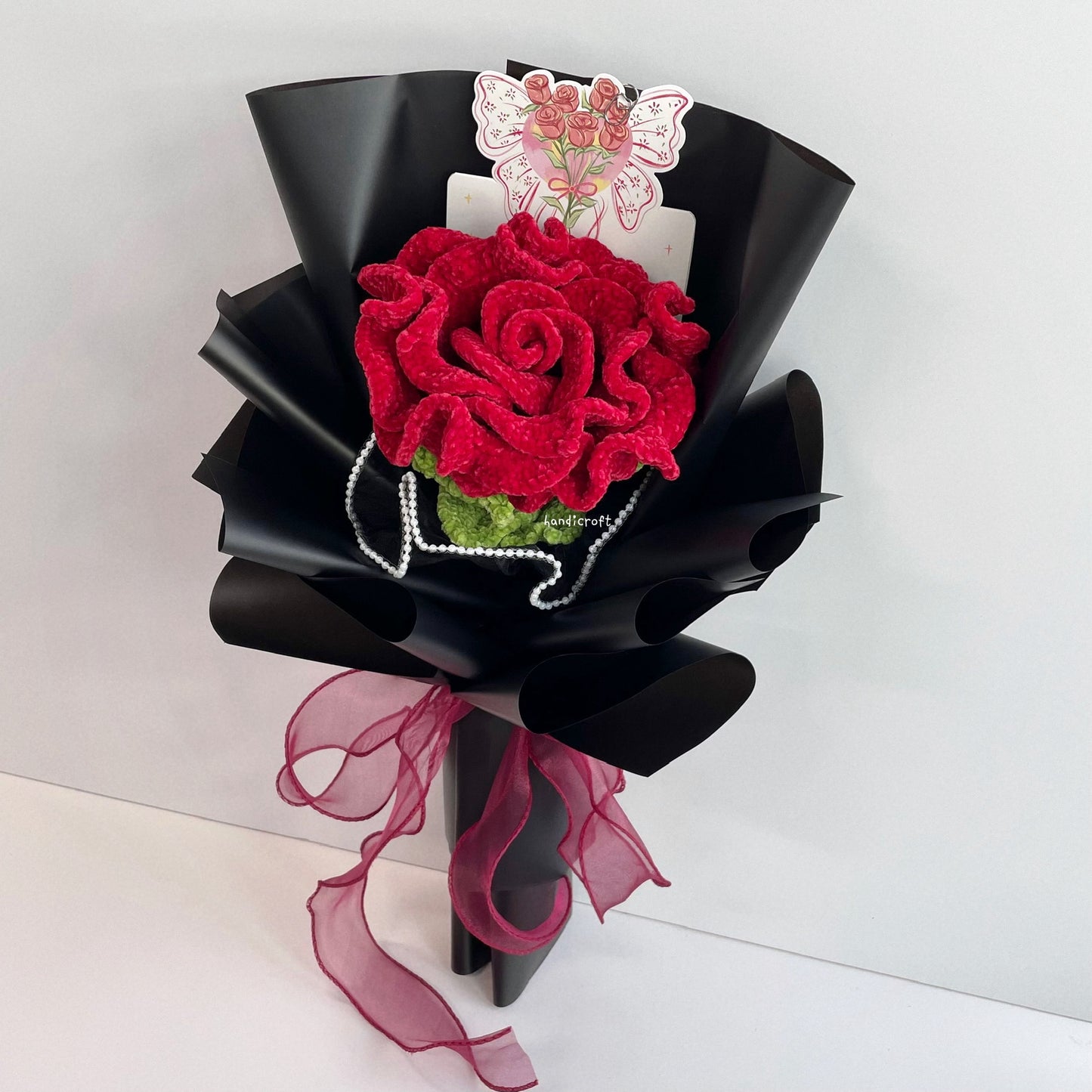 handicroft handmade crochet giant velvet thai rose flower bouquet wine red