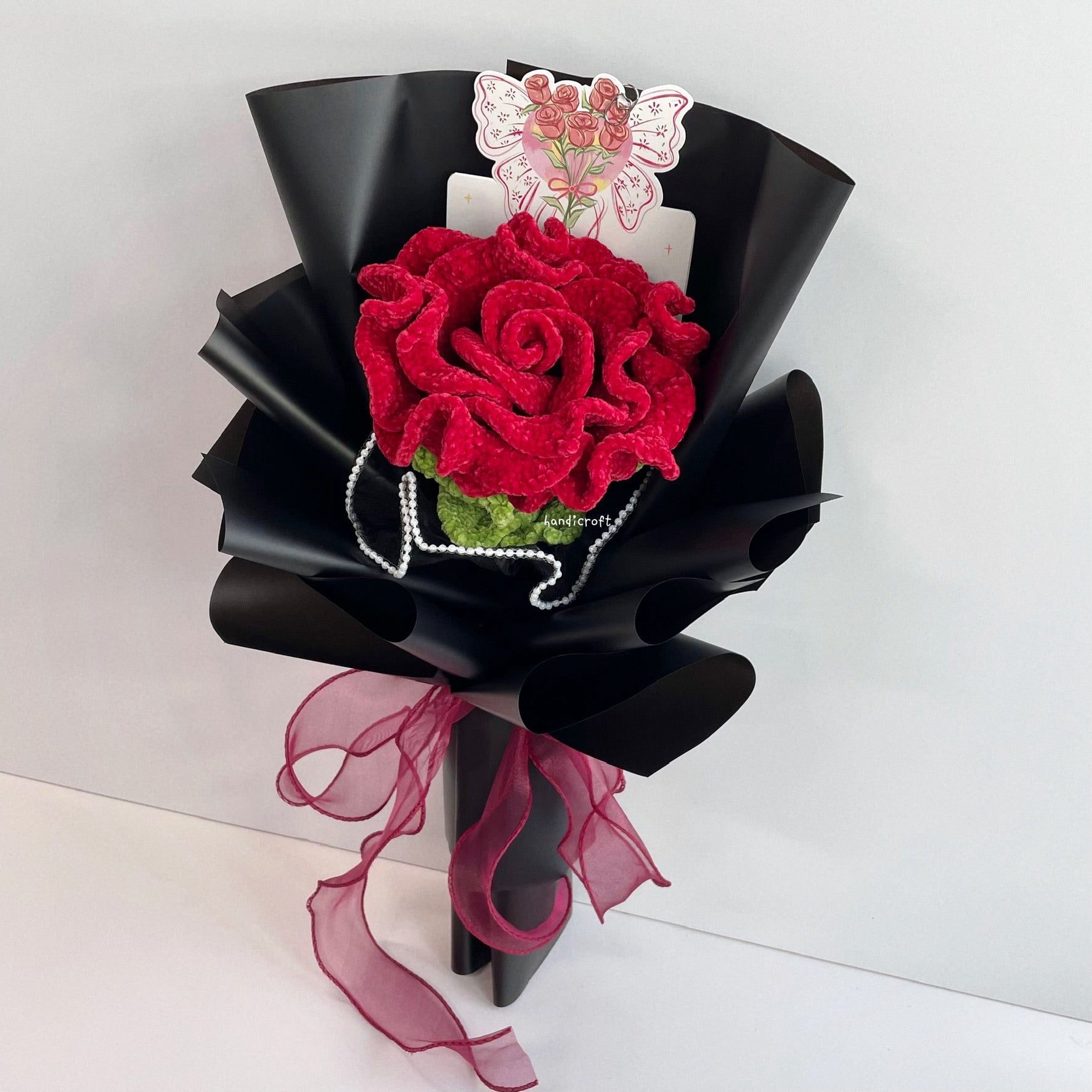 handicroft handmade crochet giant velvet thai rose flower bouquet wine red