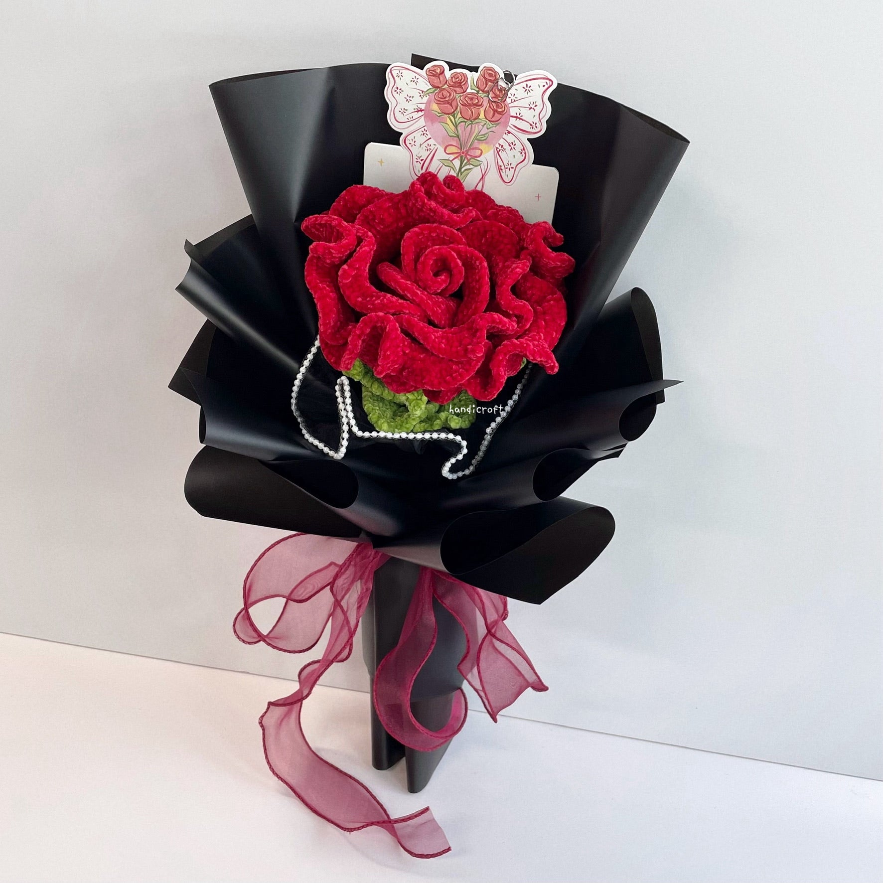 handicroft handmade crochet giant velvet thai rose flower bouquet wine red
