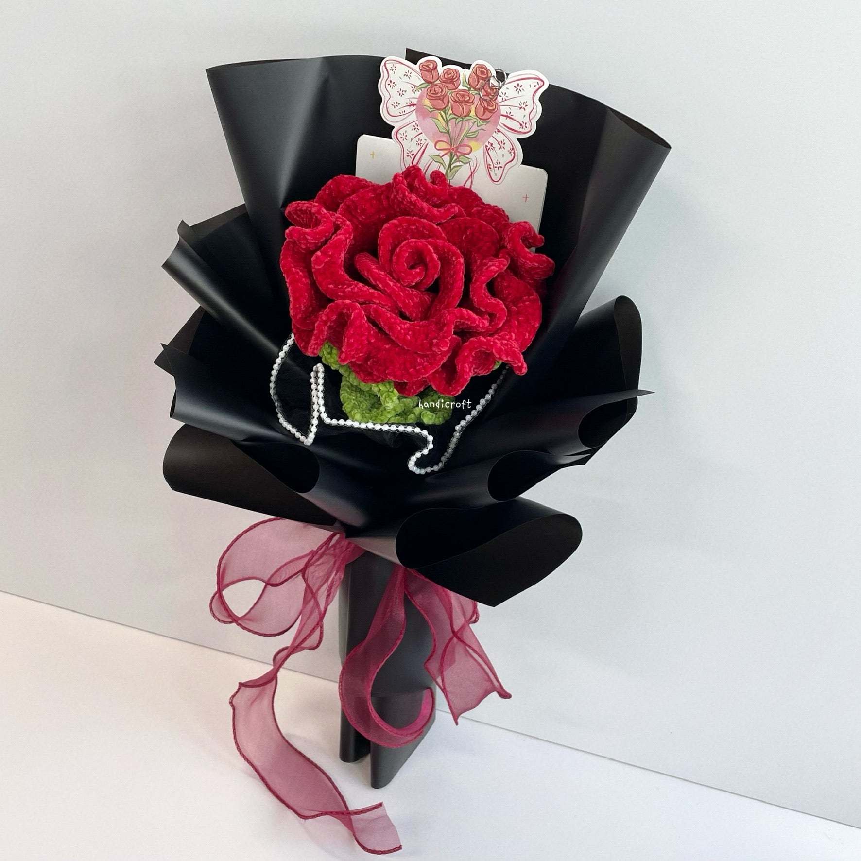 handicroft handmade crochet giant velvet thai rose flower bouquet wine red