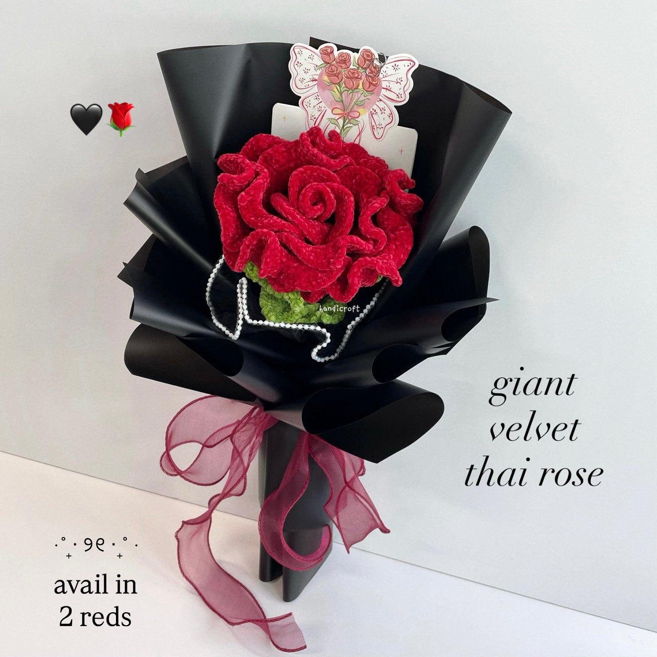 handicroft handmade crochet giant velvet thai rose flower bouquet wine red