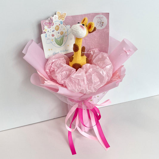 handicroft handmade crochet giraffe animal amigurumi flower bouquet giraffe in bloom pink