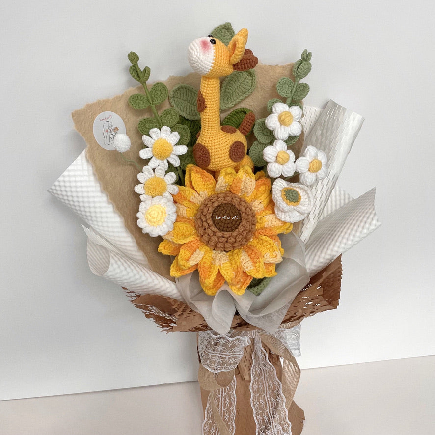 handicroft handmade crochet giraffe animal jumbo sunflower flower bouquet giraffe's sunshine