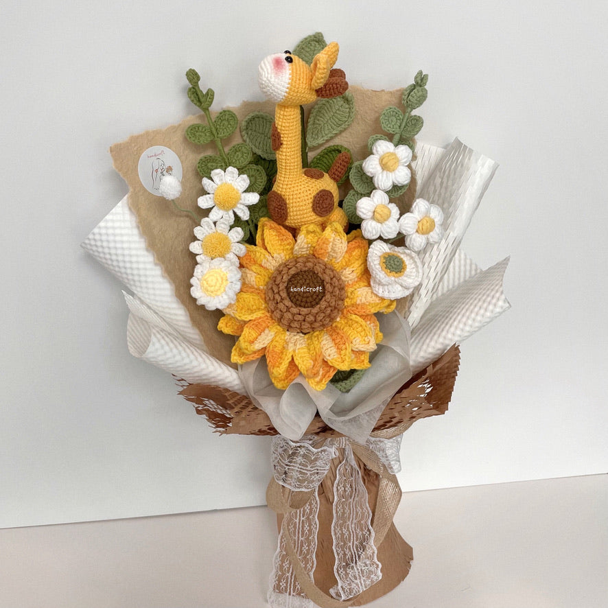 handicroft handmade crochet giraffe animal jumbo sunflower flower bouquet giraffe's sunshine