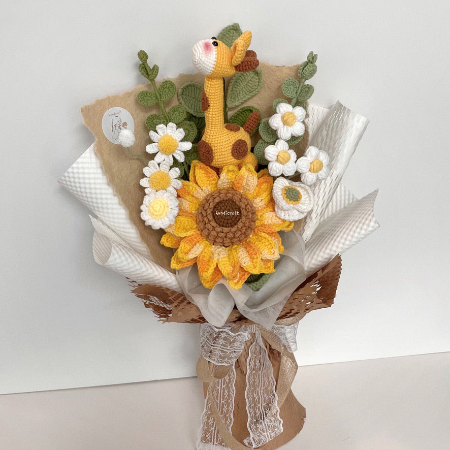 handicroft handmade crochet giraffe animal jumbo sunflower flower bouquet giraffe's sunshine