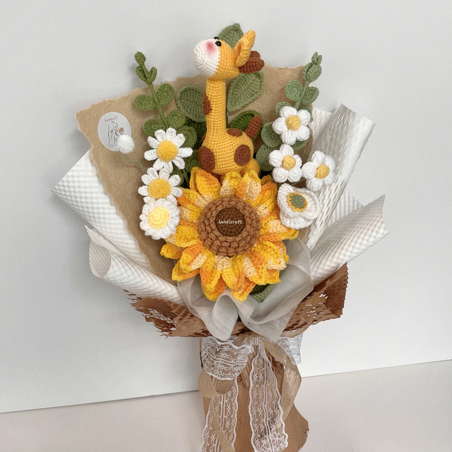 handicroft handmade crochet giraffe animal jumbo sunflower flower bouquet giraffe's sunshine