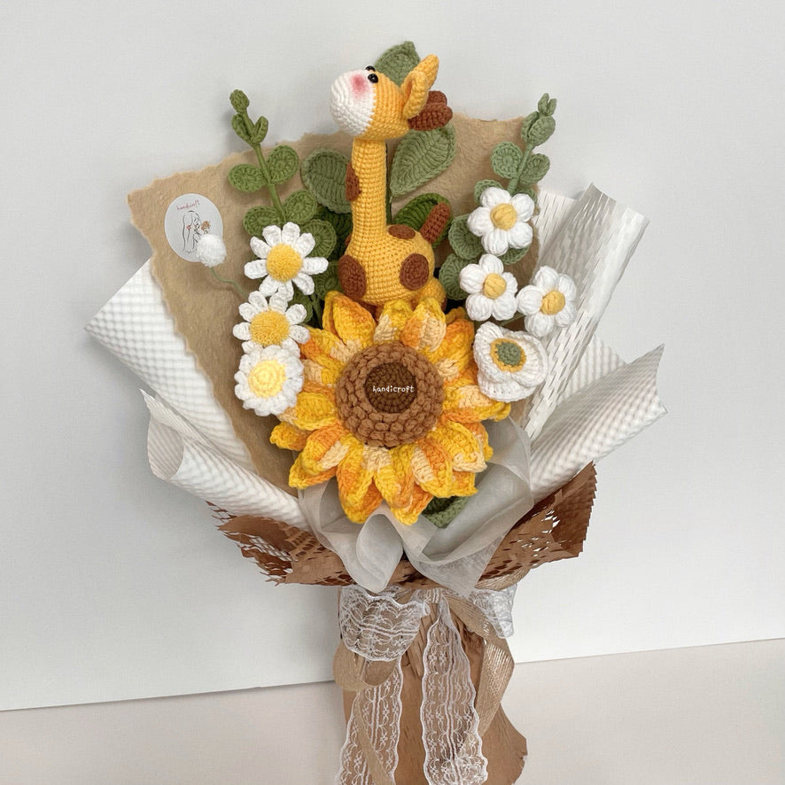 handicroft handmade crochet giraffe animal jumbo sunflower flower bouquet giraffe's sunshine