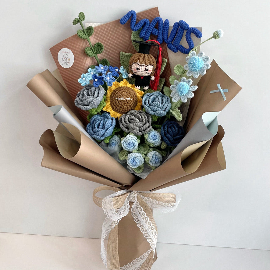 handicroft handmade crochet graduation blue grey flower bouquet shades of becoming