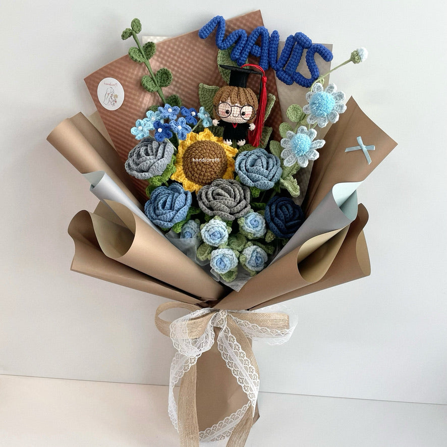 handicroft handmade crochet graduation blue grey flower bouquet shades of becoming