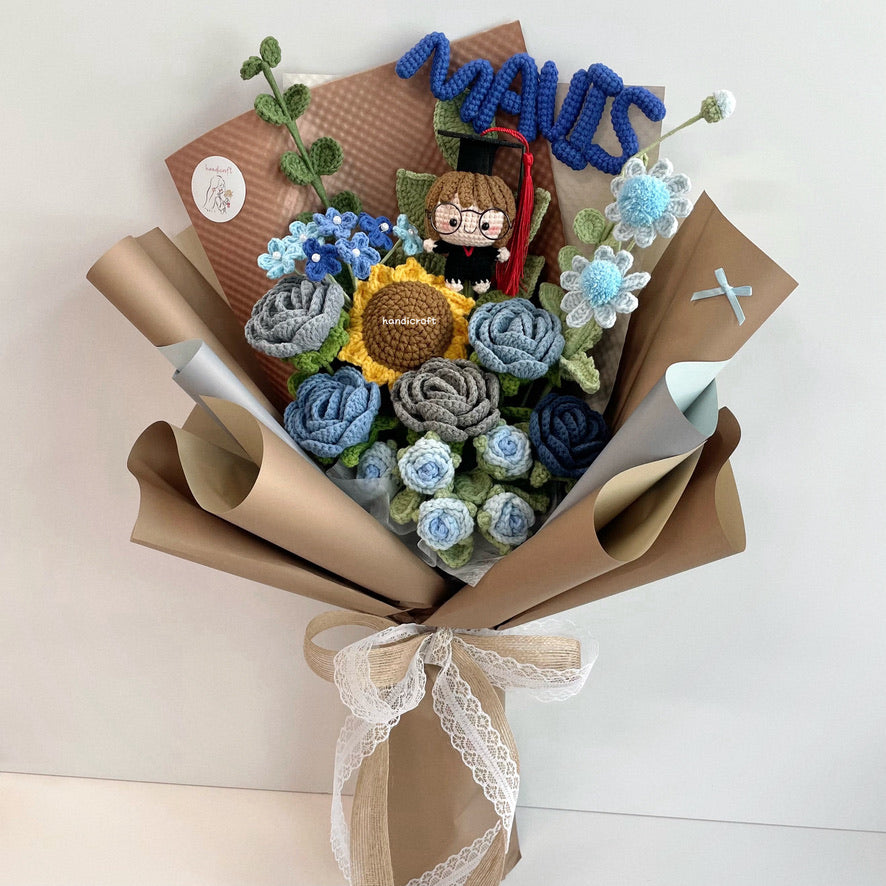 handicroft handmade crochet graduation blue grey flower bouquet shades of becoming