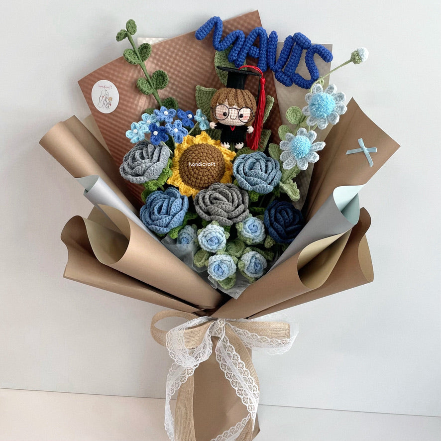 handicroft handmade crochet graduation blue grey flower bouquet shades of becoming
