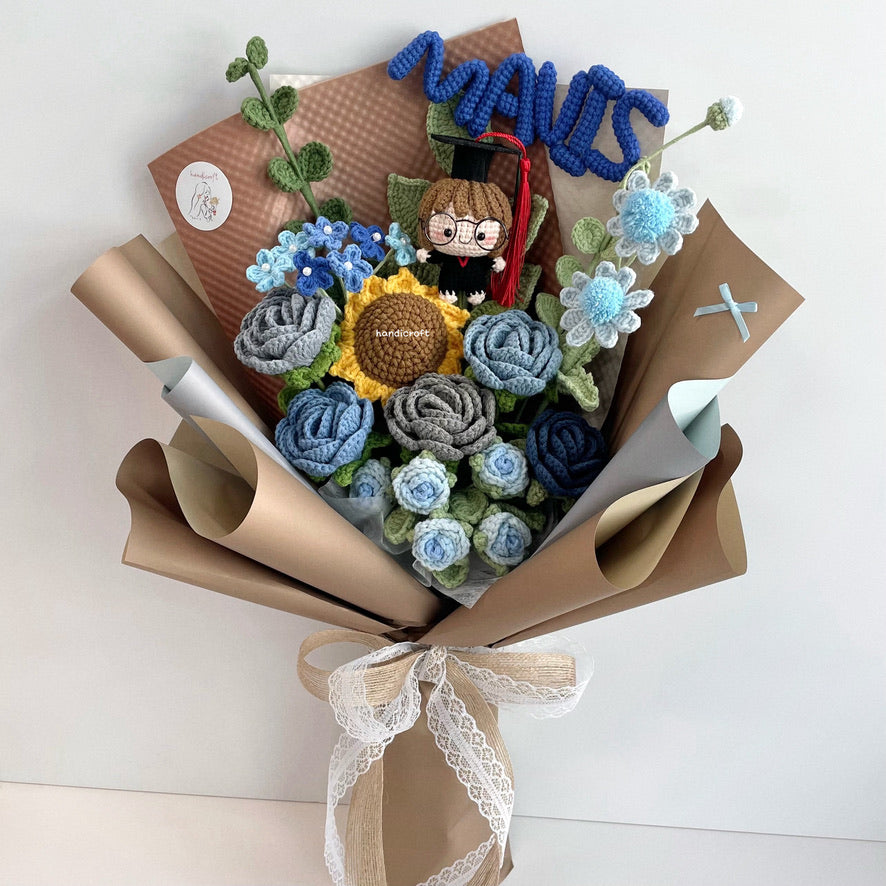 handicroft handmade crochet graduation blue grey flower bouquet shades of becoming