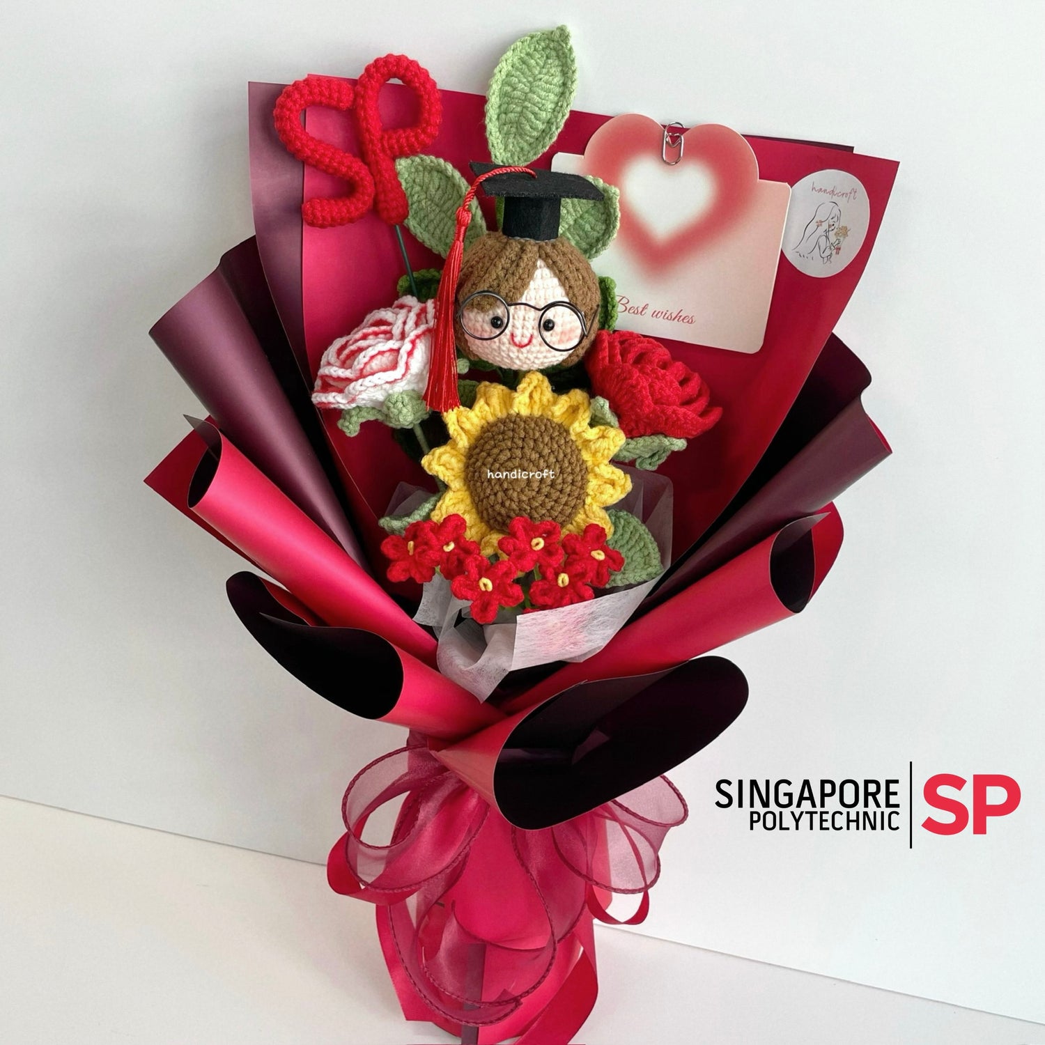 handicroft handmade crochet graduation flower bouquet SP Singapore Polytechnic special blooms