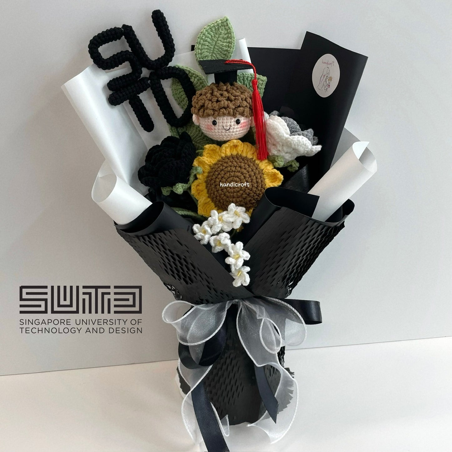 handicroft handmade crochet graduation flower bouquet SUTD Singapore University of Technology and Design special blooms