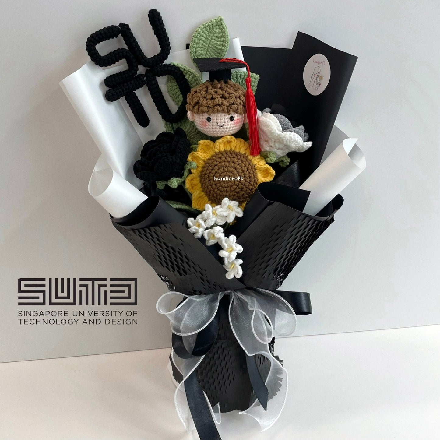 handicroft handmade crochet graduation flower bouquet SUTD Singapore University of Technology and Design special blooms