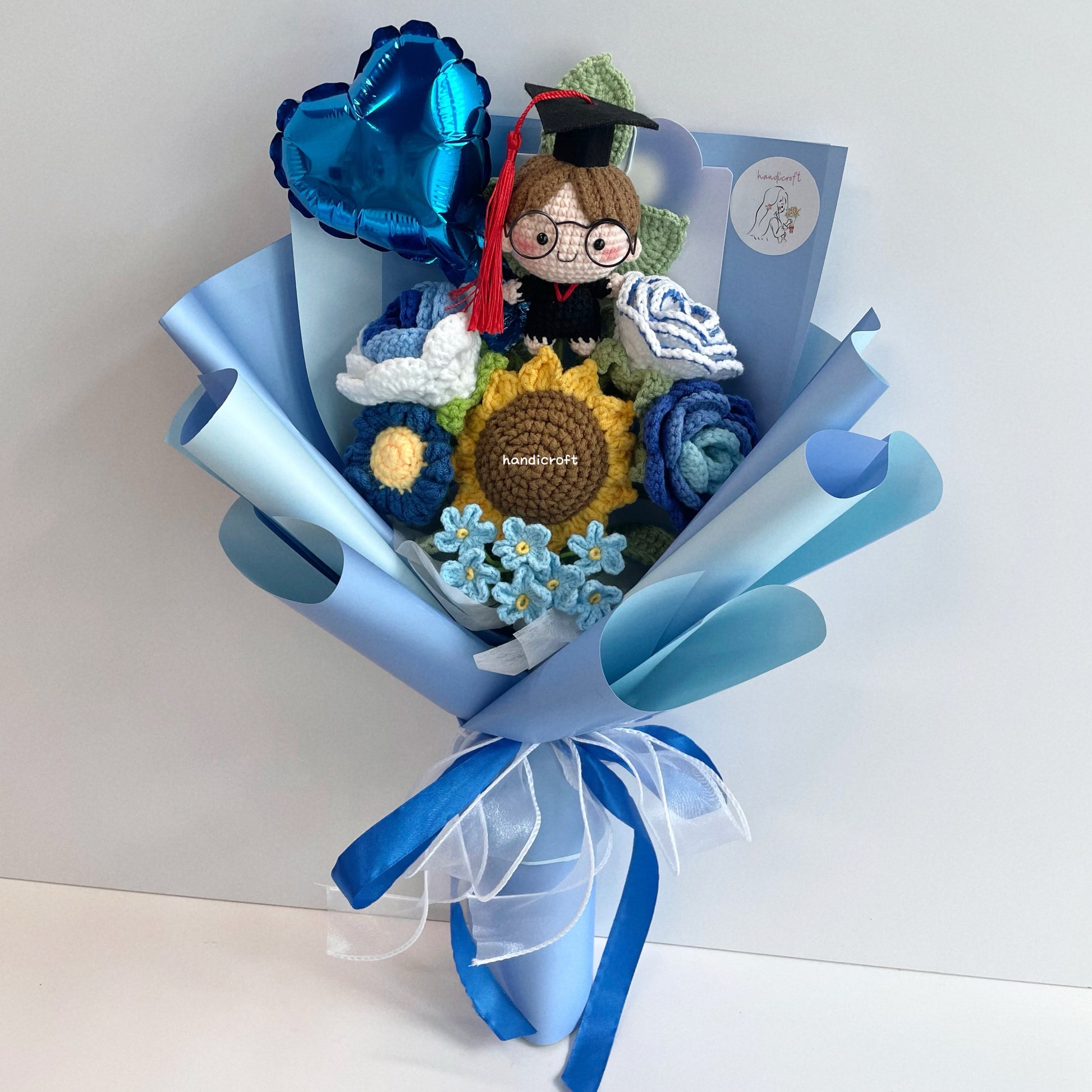 handicroft handmade crochet graduation flower bouquet blossom burst blue full body straight hair unisex