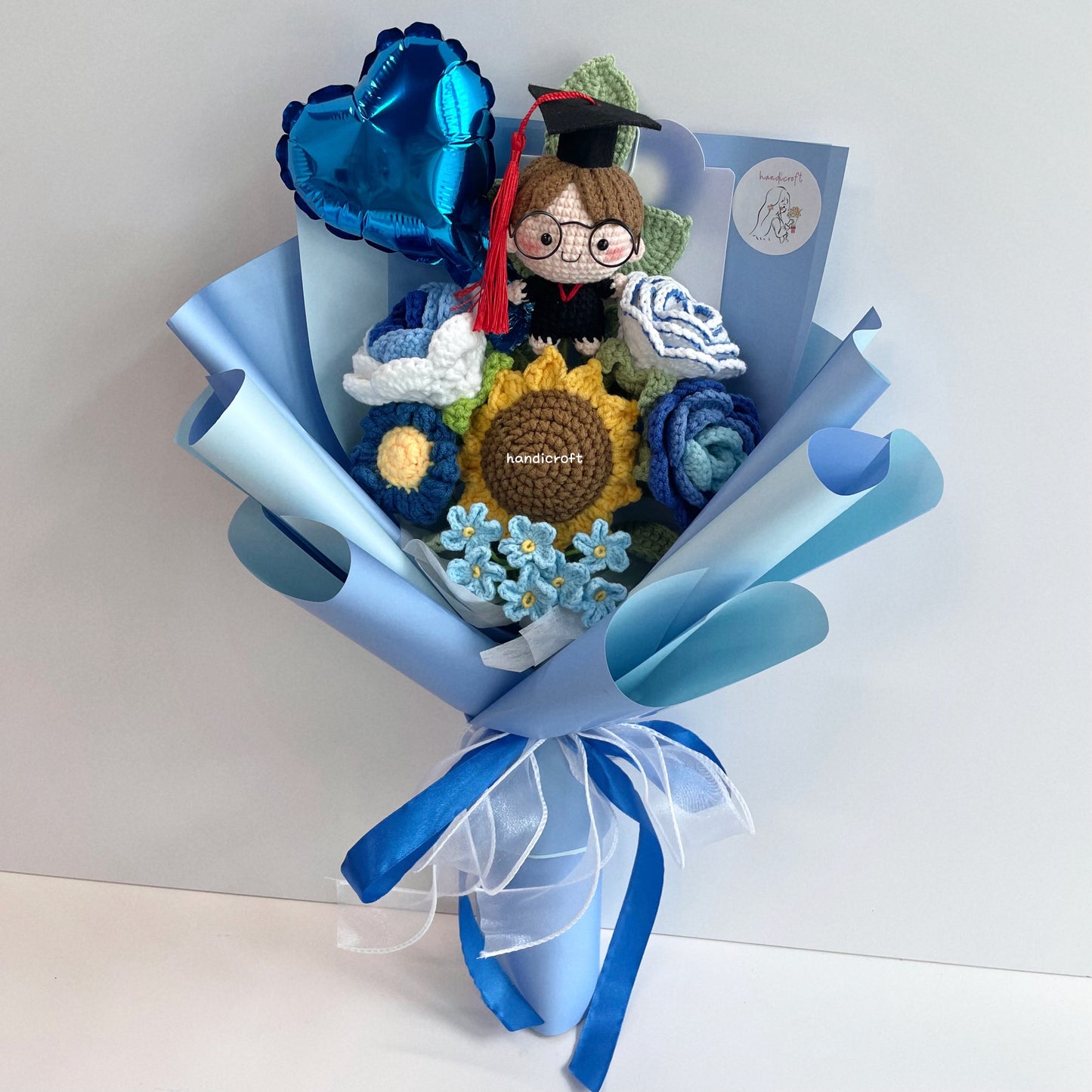 handicroft handmade crochet graduation flower bouquet blossom burst blue full body straight hair unisex