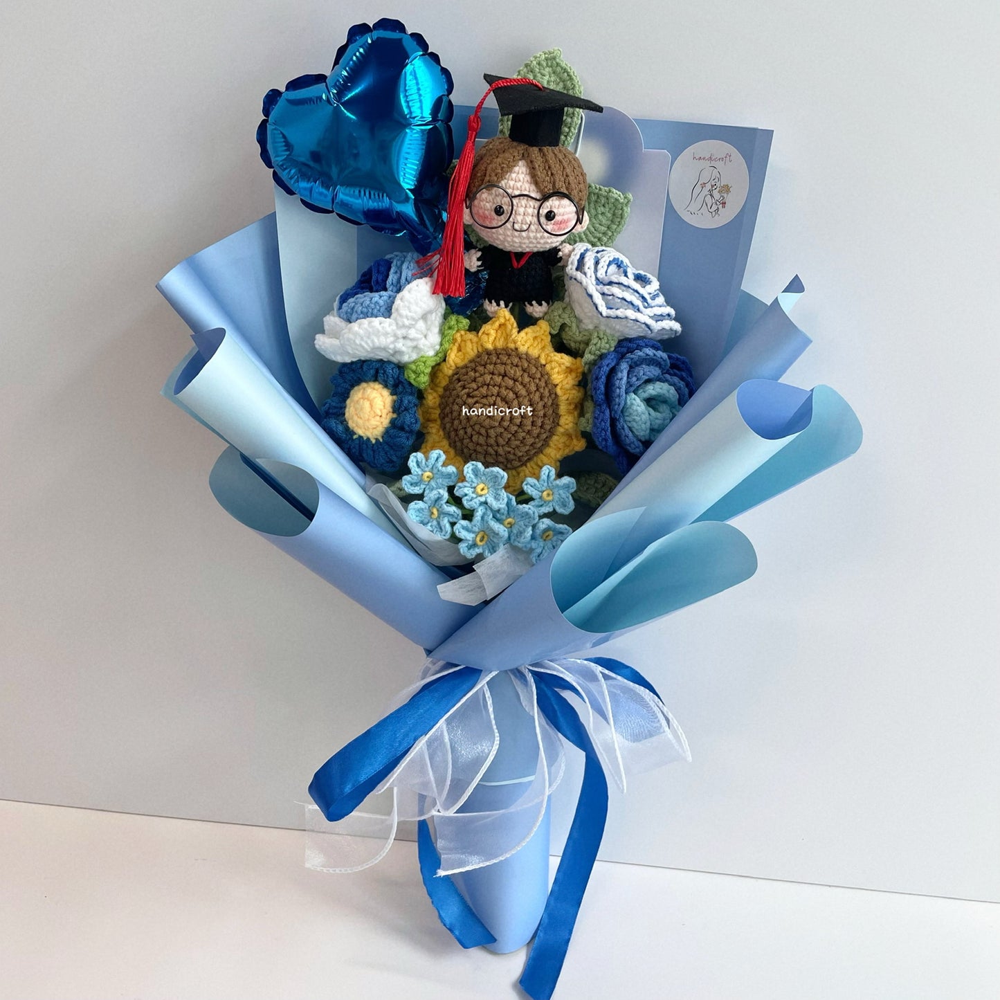 handicroft handmade crochet graduation flower bouquet blossom burst blue full body straight hair unisex