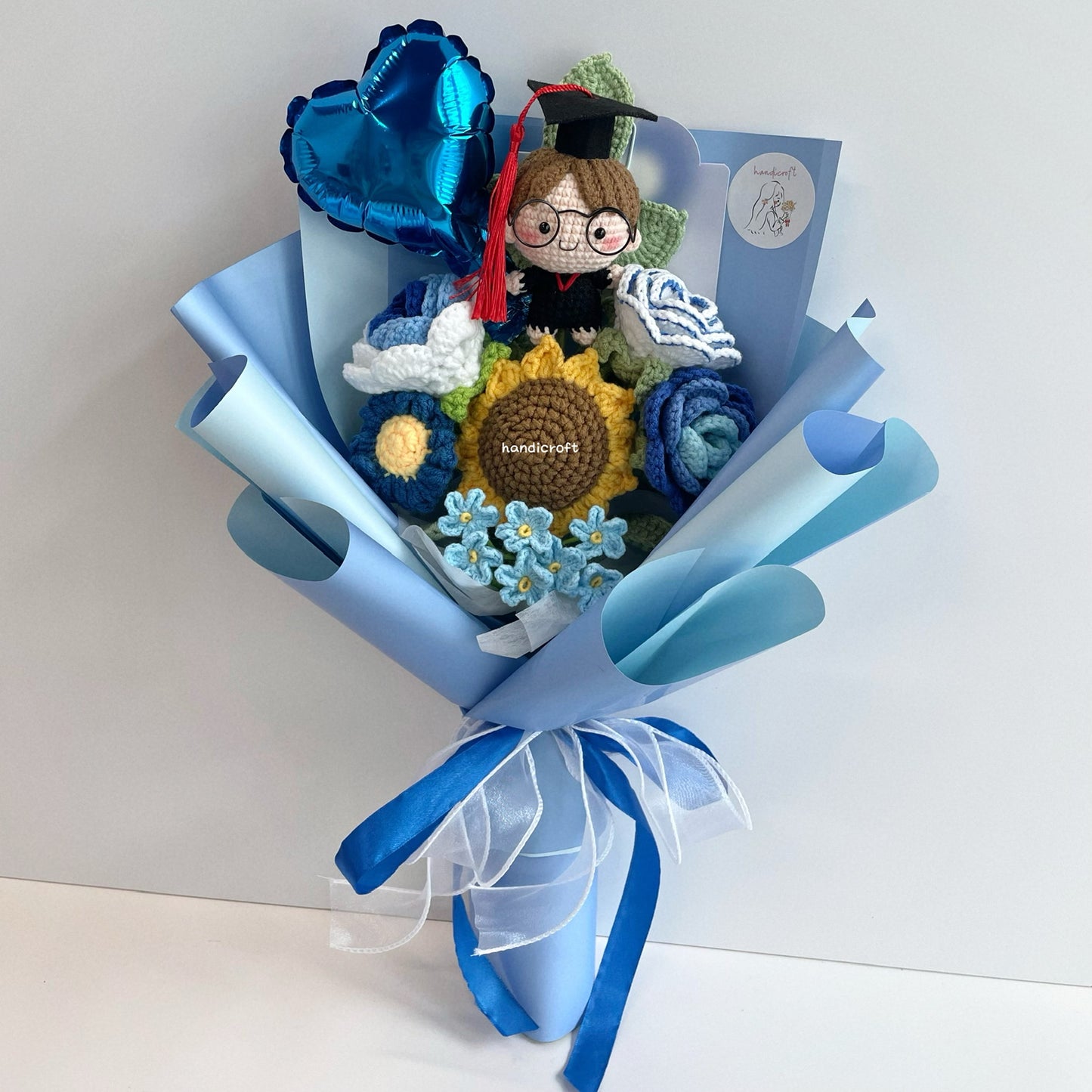 handicroft handmade crochet graduation flower bouquet blossom burst blue full body straight hair unisex